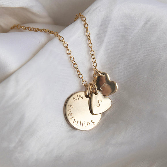 personalised necklace with disc and hearts gold