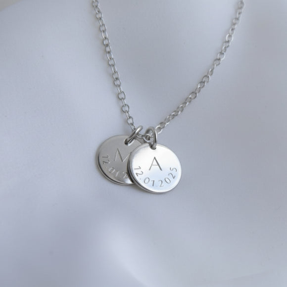 silver date and initial necklace