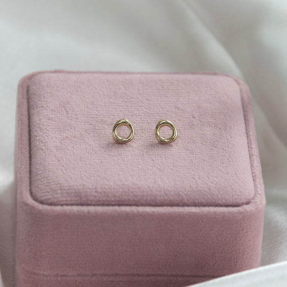 9ct gold halo stud earrings, open circle design shown from the front and in profile