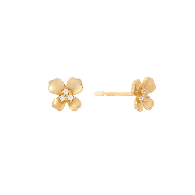 9ct gold flower stud earrings, four-petal design with cubic zirconia centre detail, shown from the front and in profile