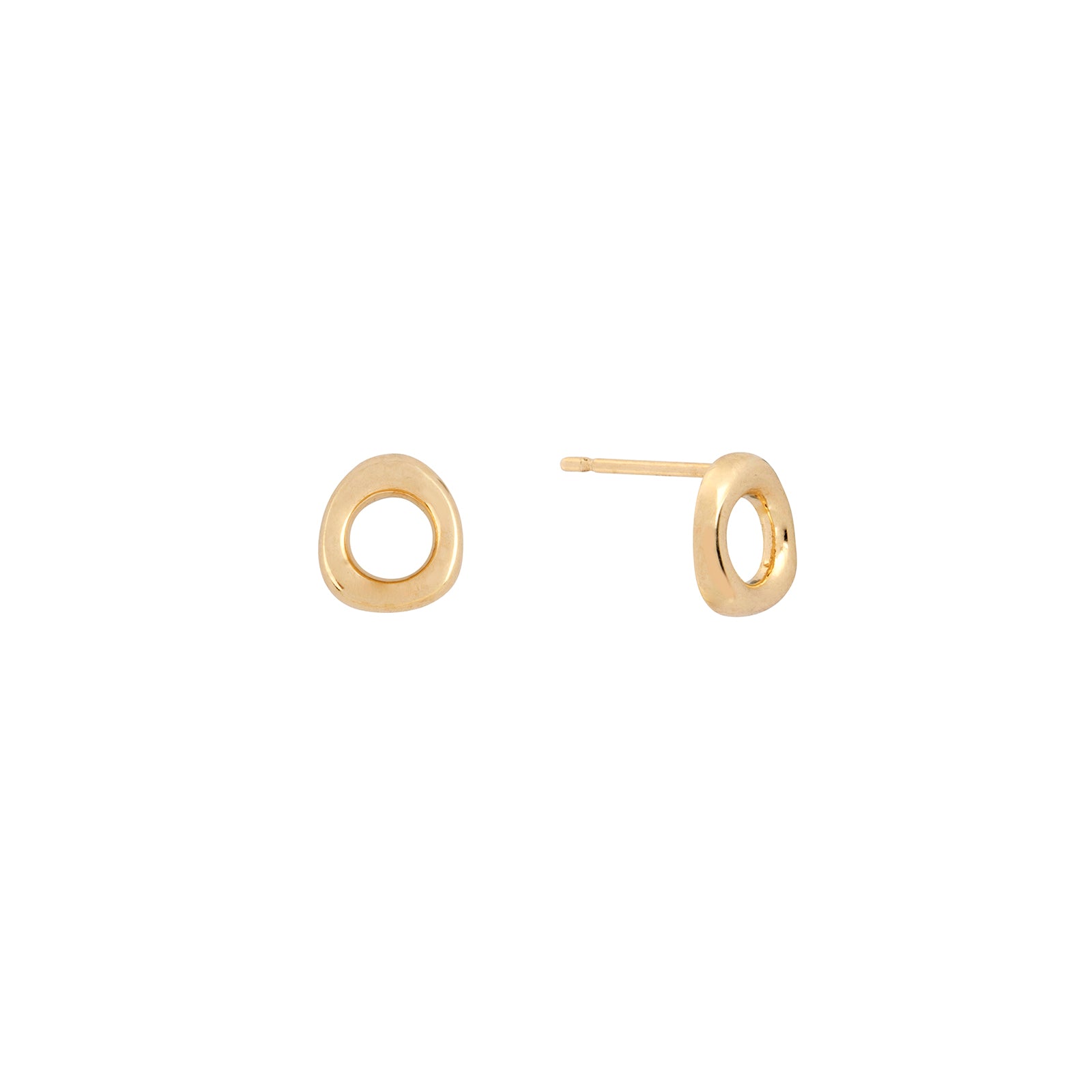 9ct gold halo stud earrings, open circle design shown from the front and in profile