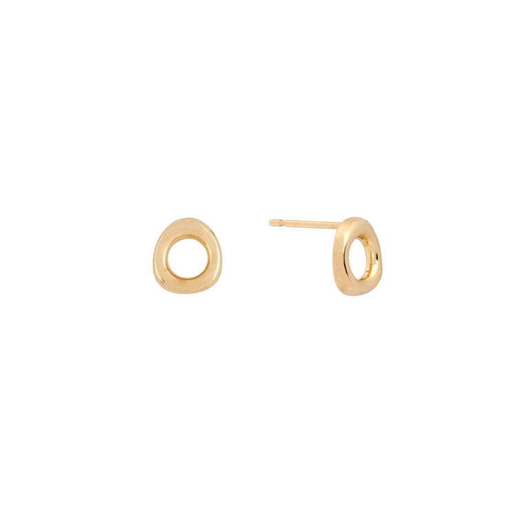 9ct gold halo stud earrings, open circle design shown from the front and in profile