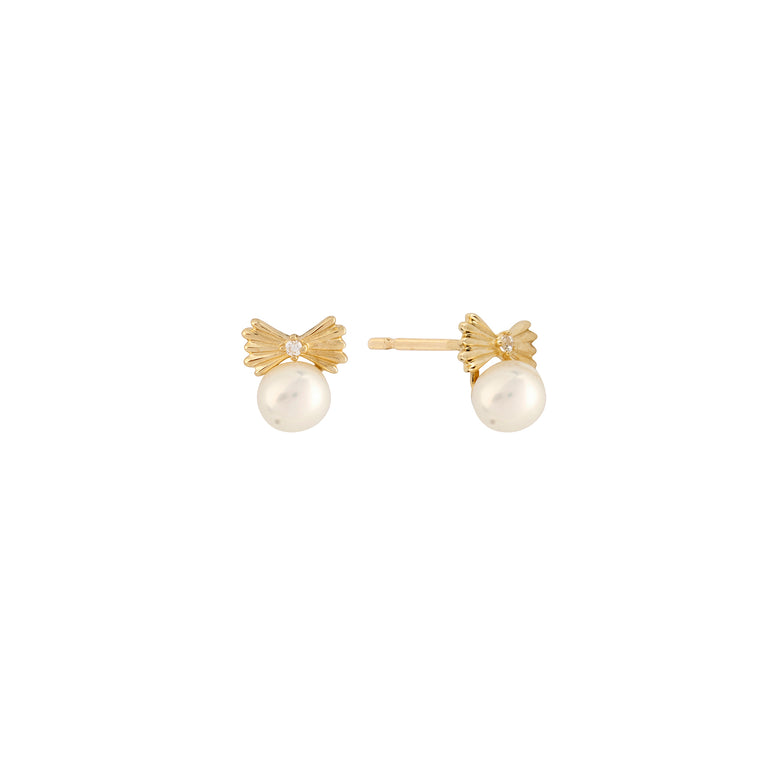 9ct gold freshwater pearl bow stud earrings with sparkling cubic zirconia detail