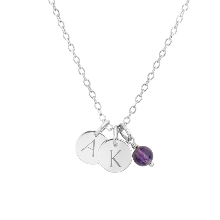 dainty silver initial necklace with two discs and birthstone 