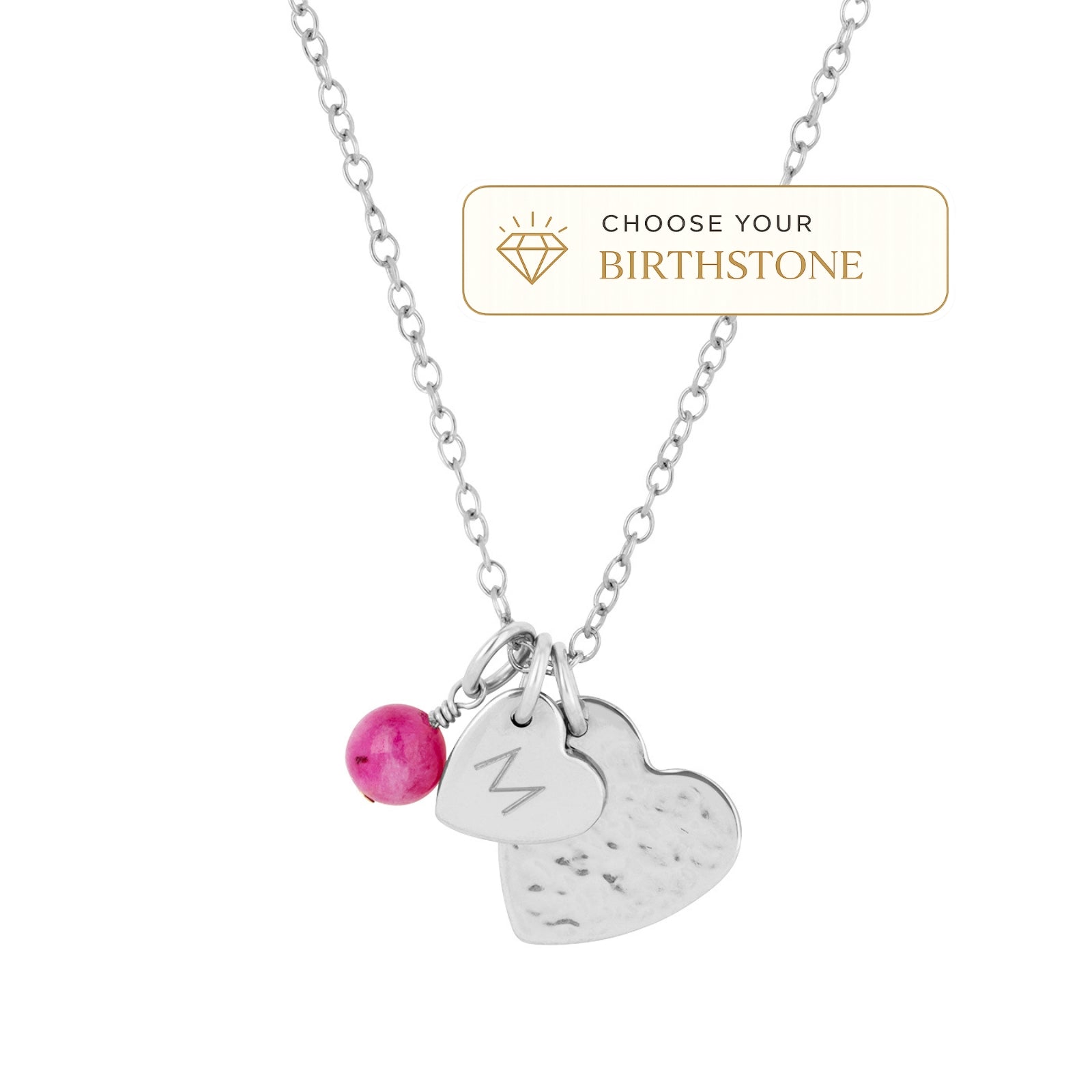 double heart necklace with initial and birthstone silver 