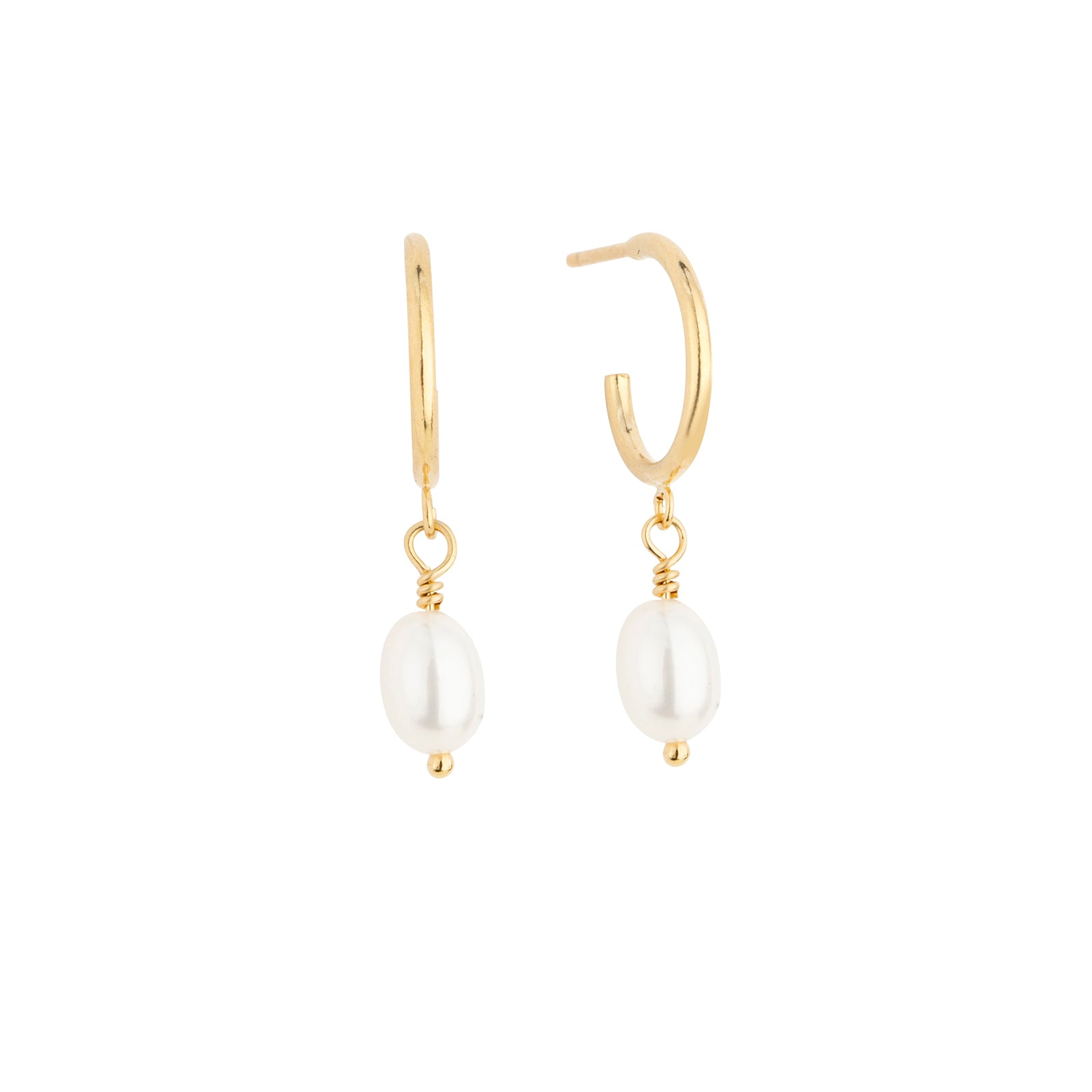 freshwater pearl hoop earrings in gold filled with an oval pearl 