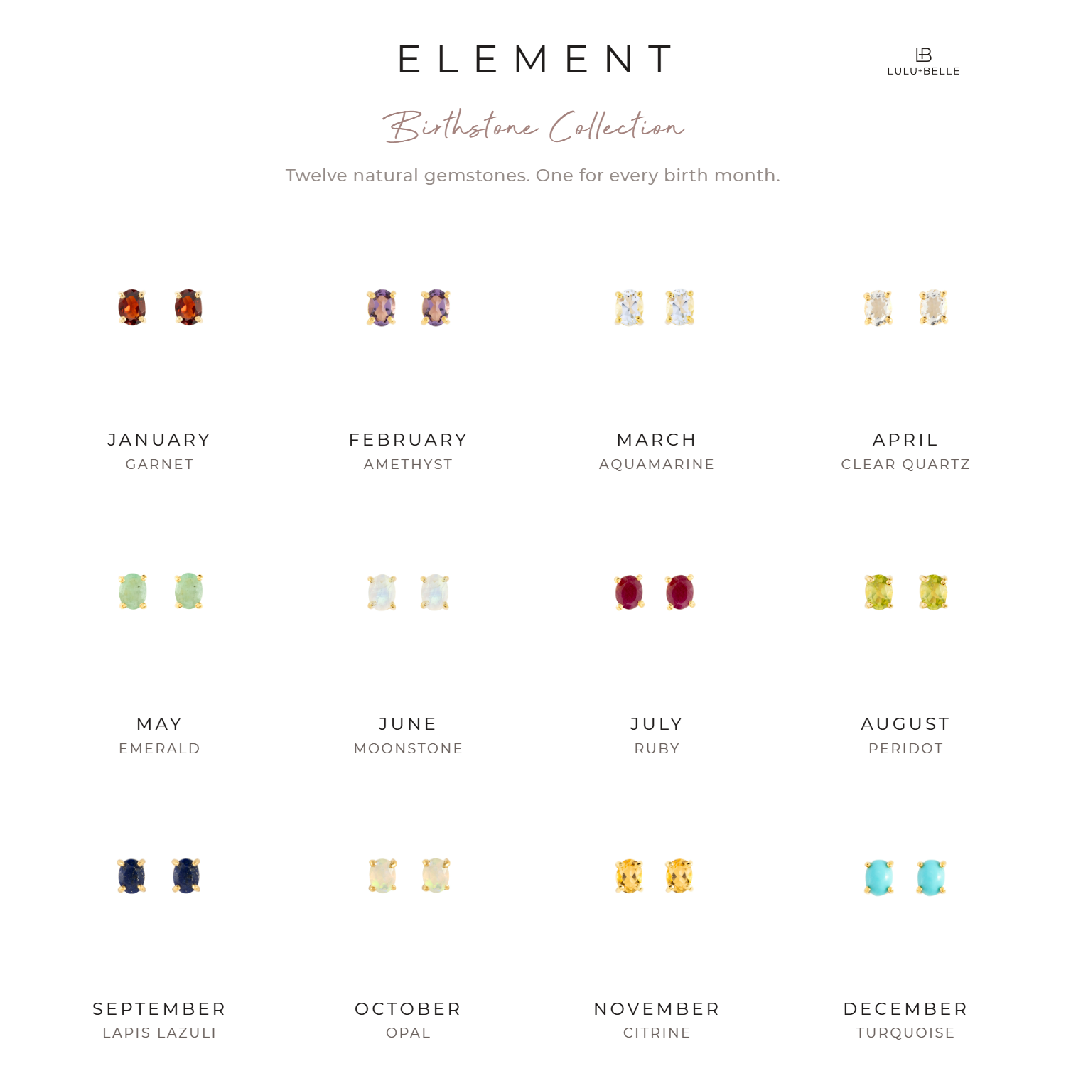 Lulu + Belle ELEMENT Birthstone Collection chart showing all twelve monthly birthstones, January garnet to December turquoise.