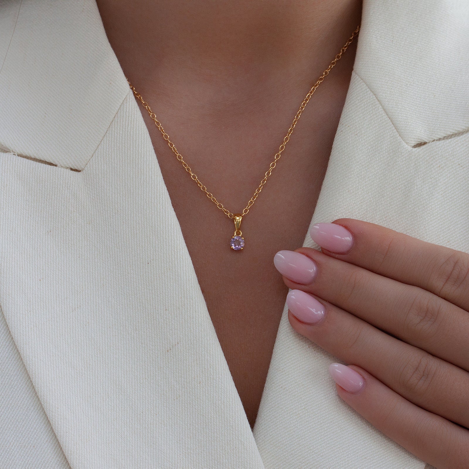 February Birthstone Pendant Necklace – Amethyst, Gold worn by a model 
