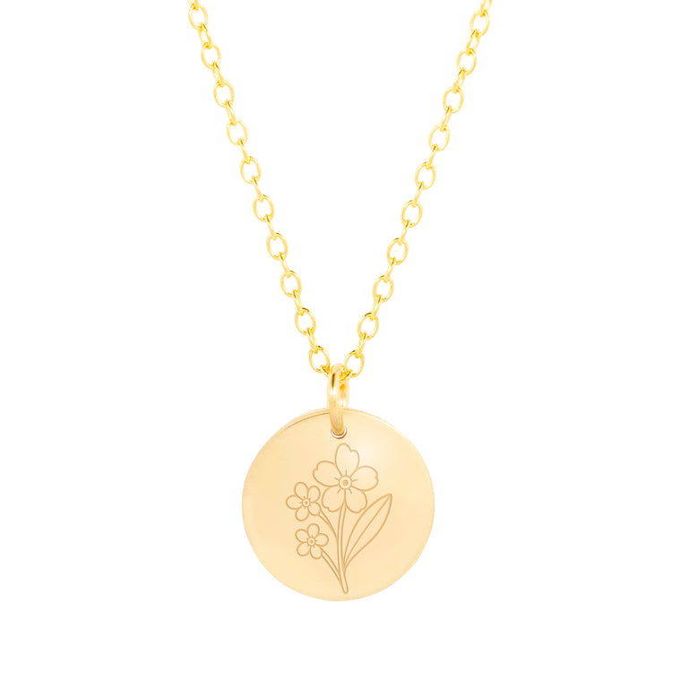 forget me not memorial necklace product shot in gold 