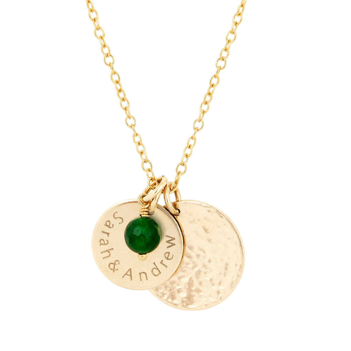 gold personalised necklace with double disc and birthstone 