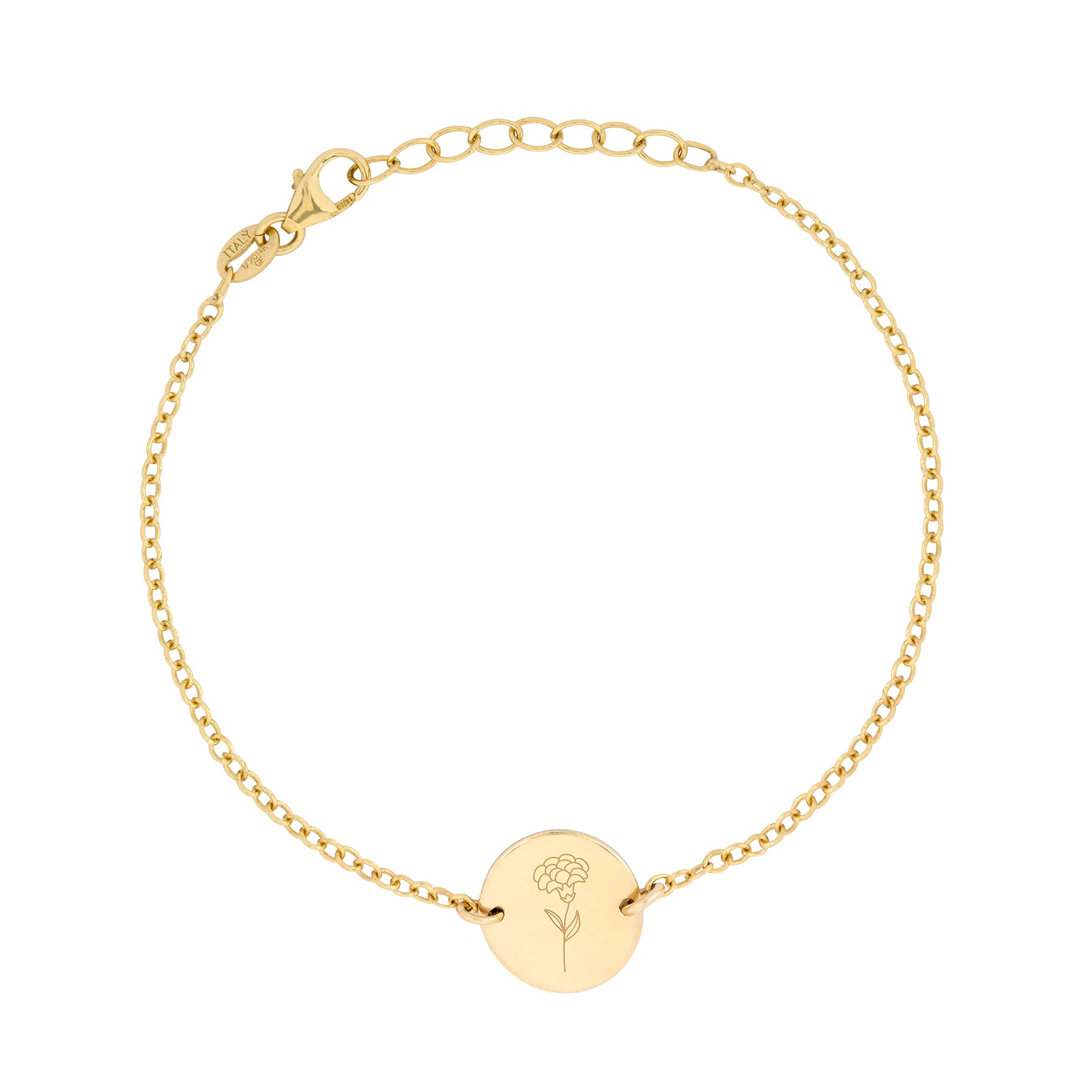 Gold birth flower bracelet for january - carnation