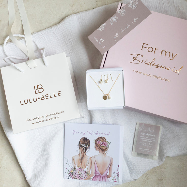 Bridesmaid Gift Box - Initial Necklace + Earrings with Pearls