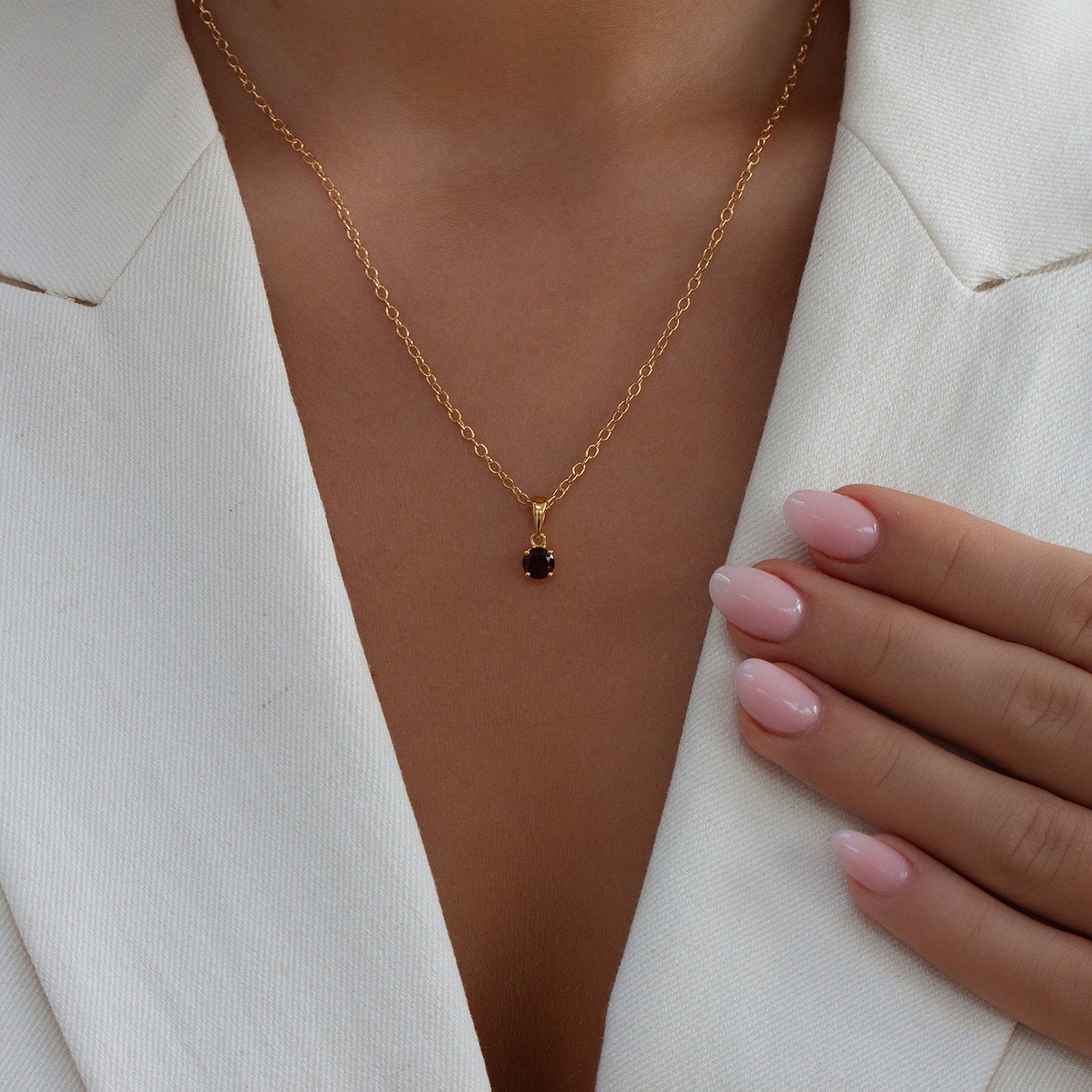 January Birthstone Pendant Necklace – Garnet Gold on a model 