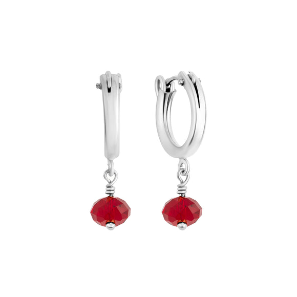 july birthstone hoop earrings with ruby crystal in sterling silver 