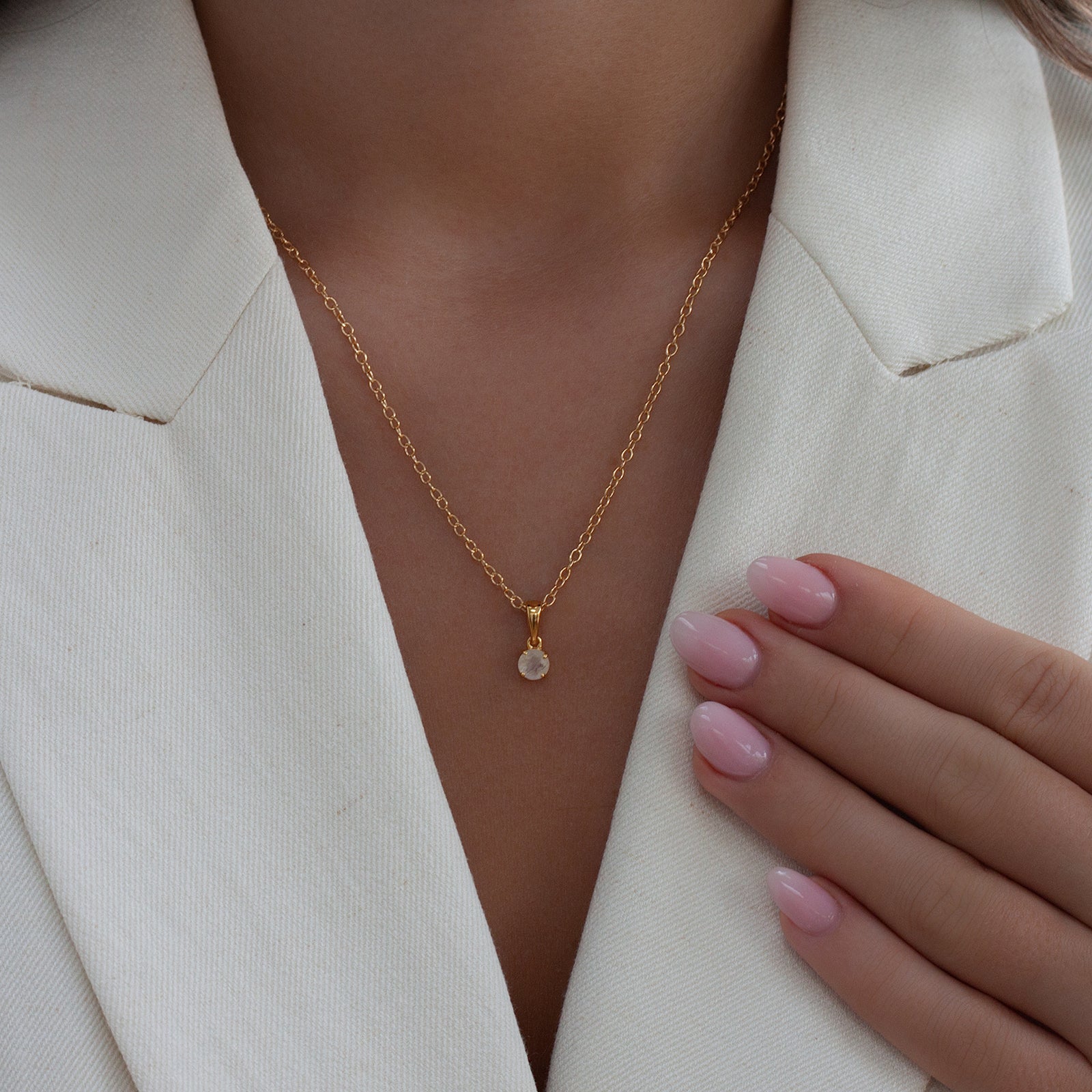 June Birthstone Pendant Necklace – Moonstone Gold on a model 