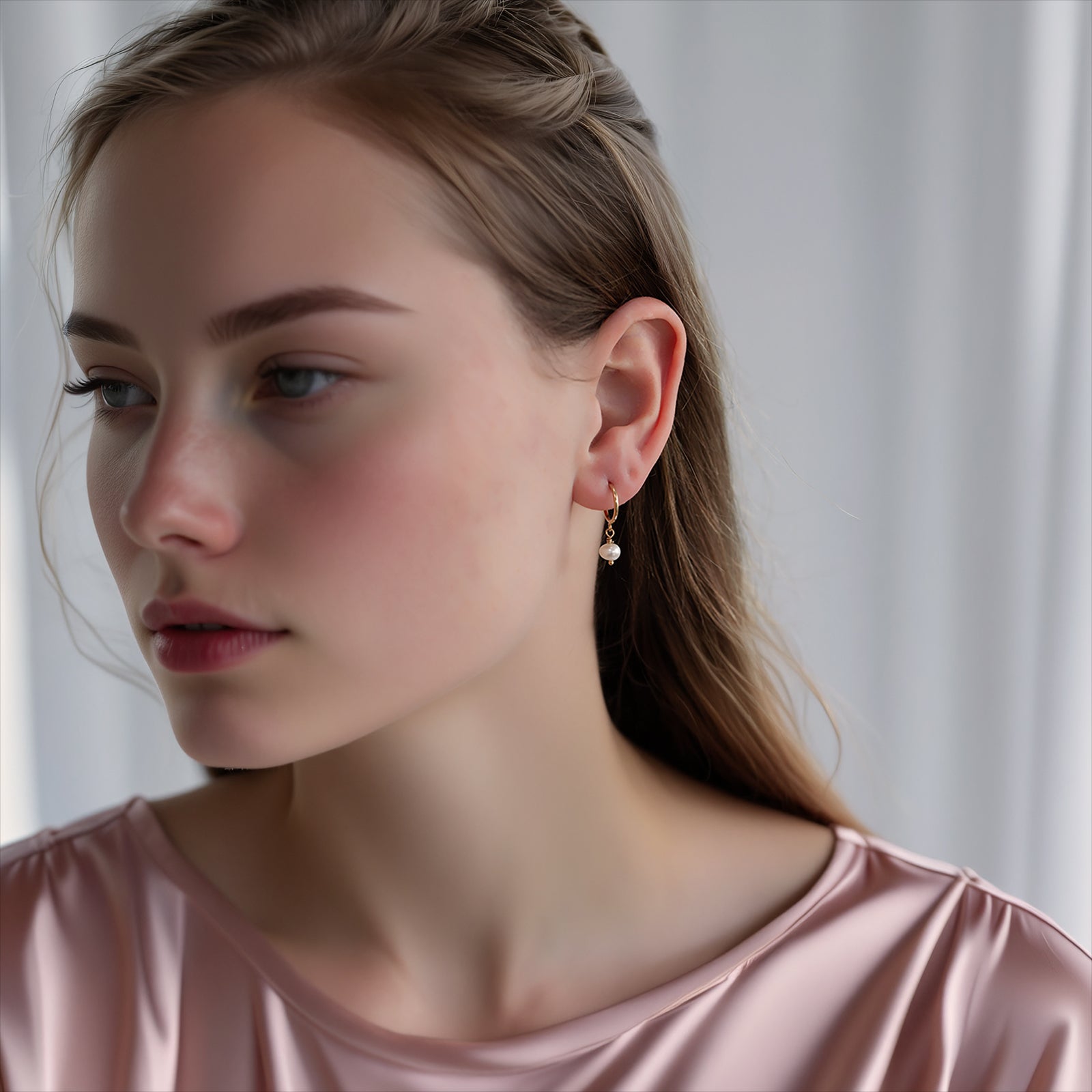 Kate pearl earrings gold on a model 