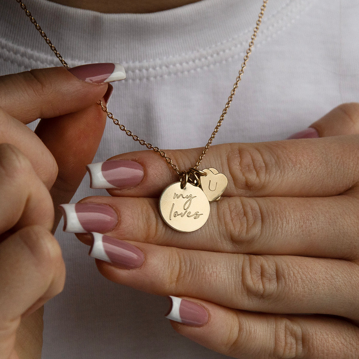 personalised my loves necklace with initials worn by a model 