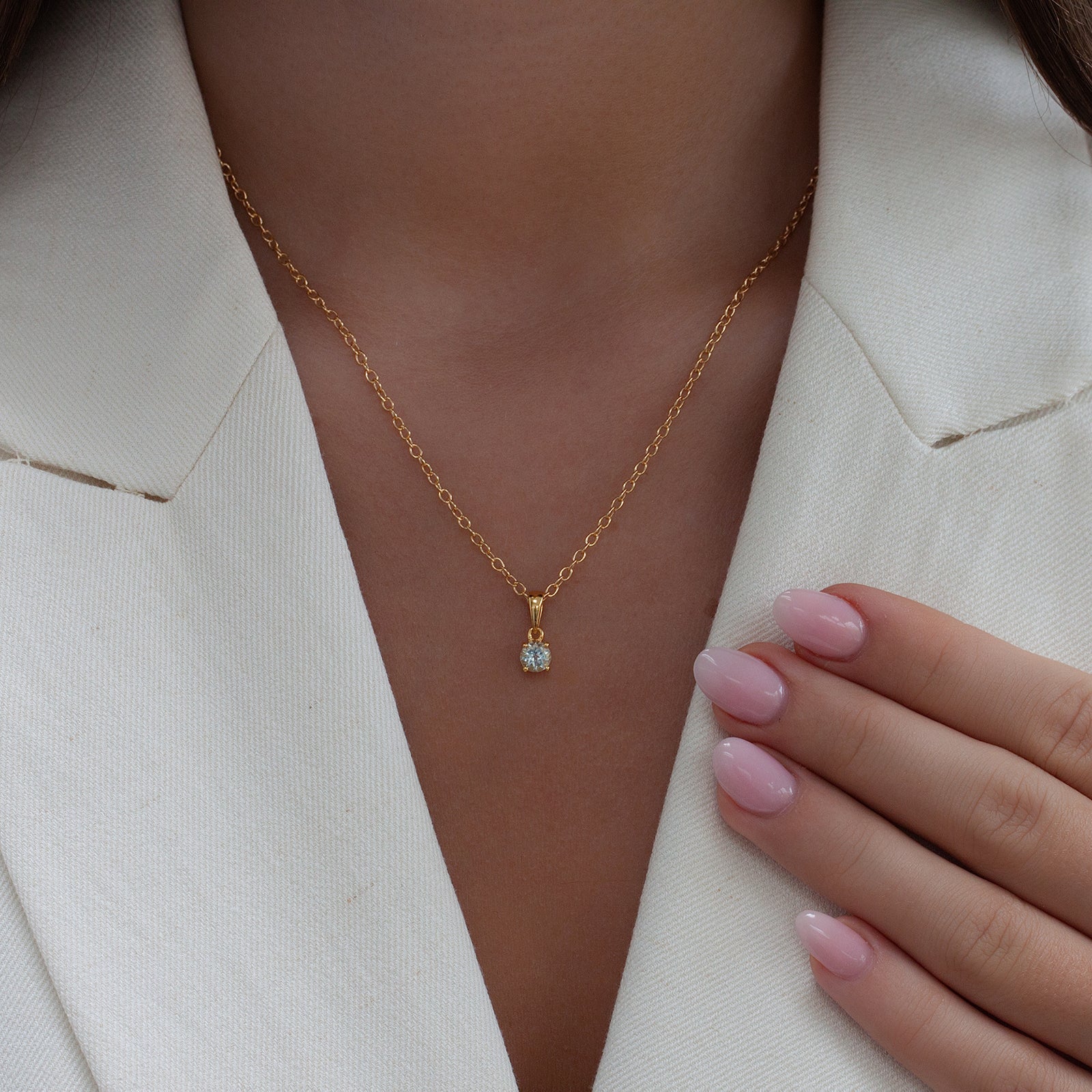 May Birthstone Pendant Necklace – Emerald Gold on a model 