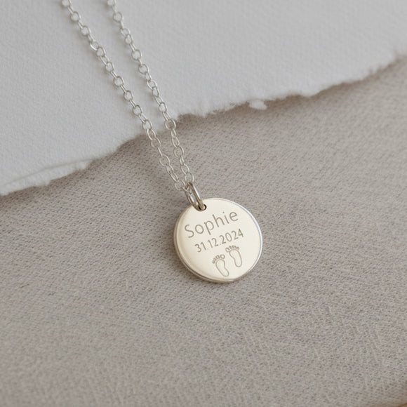 new baby date and name necklace silver 