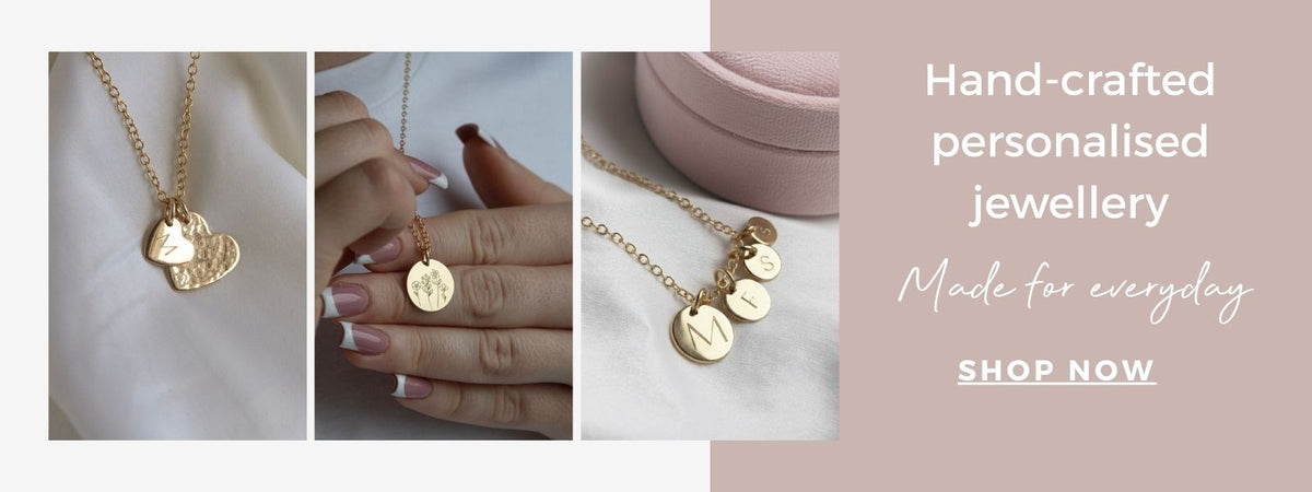 Handcrafted personalised gold jewellery including engraved necklaces with discs by Irish brand Lulu + Belle