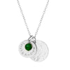 silver personalised name necklace with double disc and birthstone