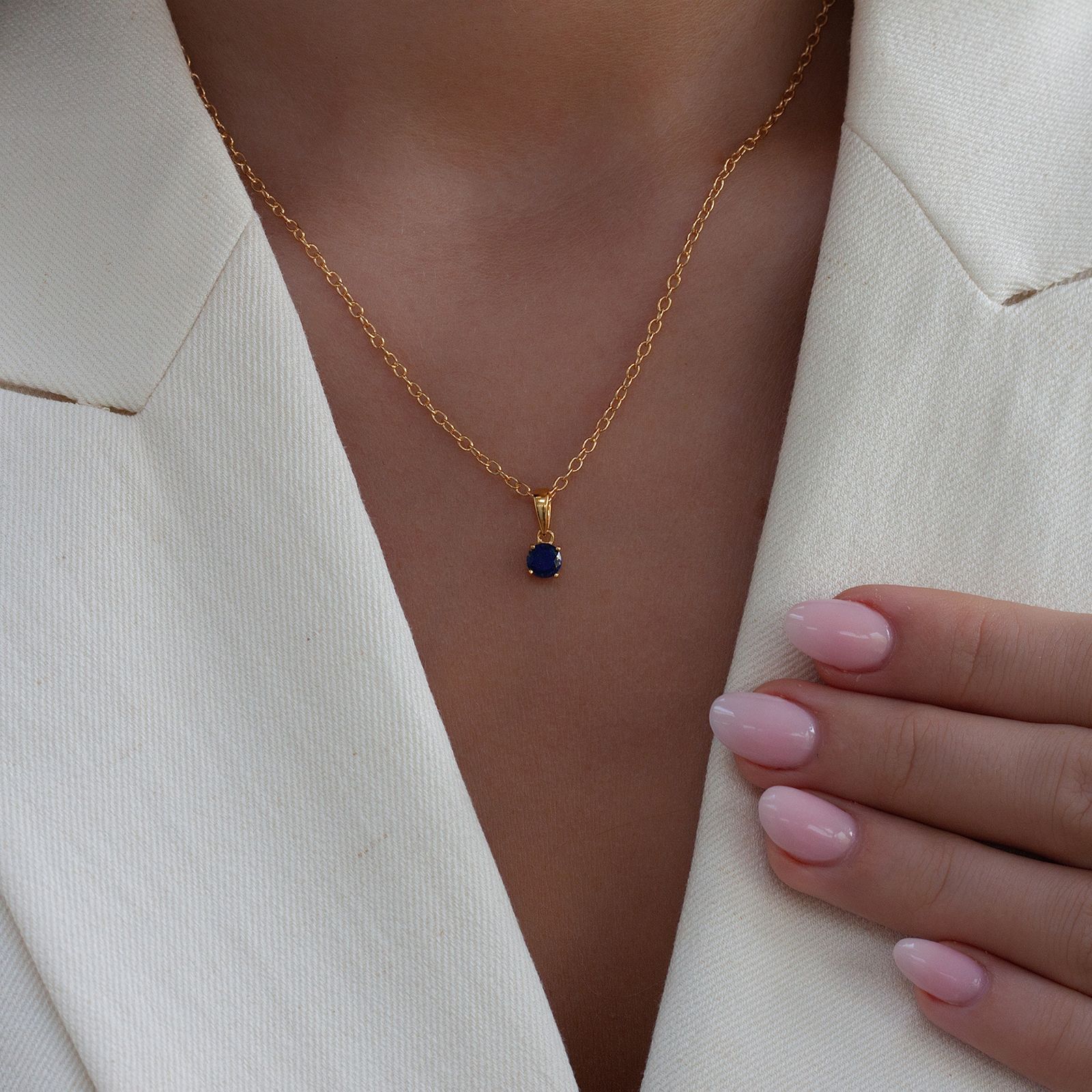 September Birthstone Pendant Necklace – Lapis Lazuli, Gold on a model