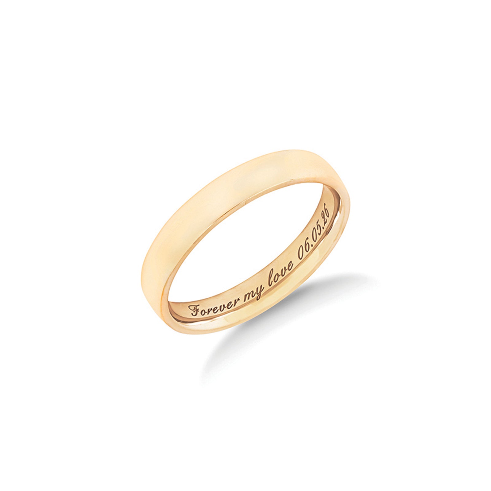 The Hand in Hand wedding ring in yellow gold, a plain polished 4mm men's ring