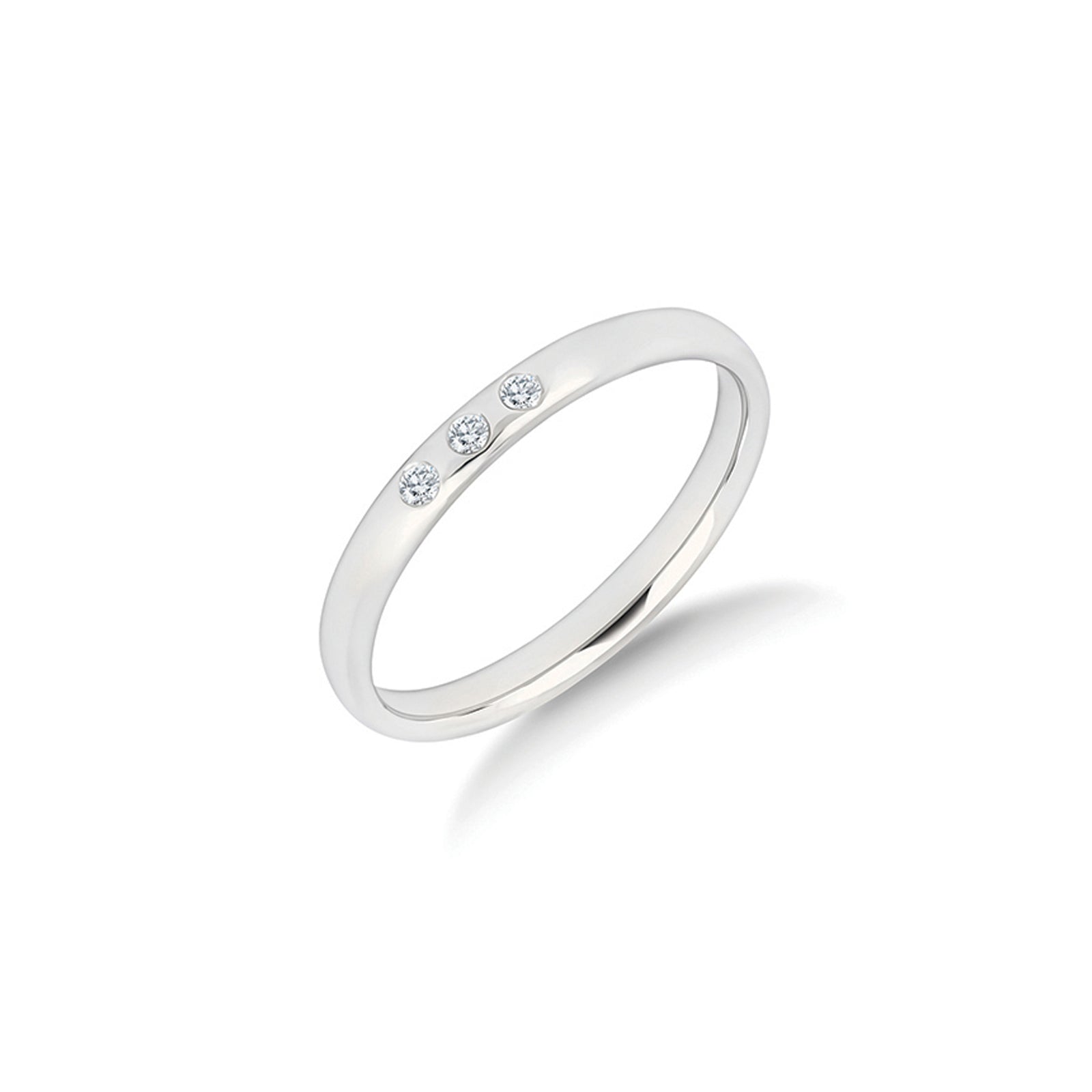 The Ever Since diamond wedding ring in platinum, three rub-over set diamonds in a line across a slender 2.5mm ring