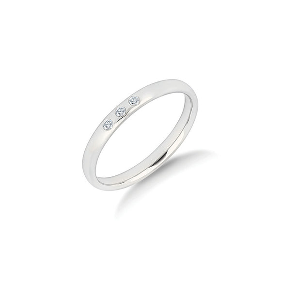 The Ever Since diamond wedding ring in yellow gold, three rub-over set diamonds in a line across a slender 2.5mm ring