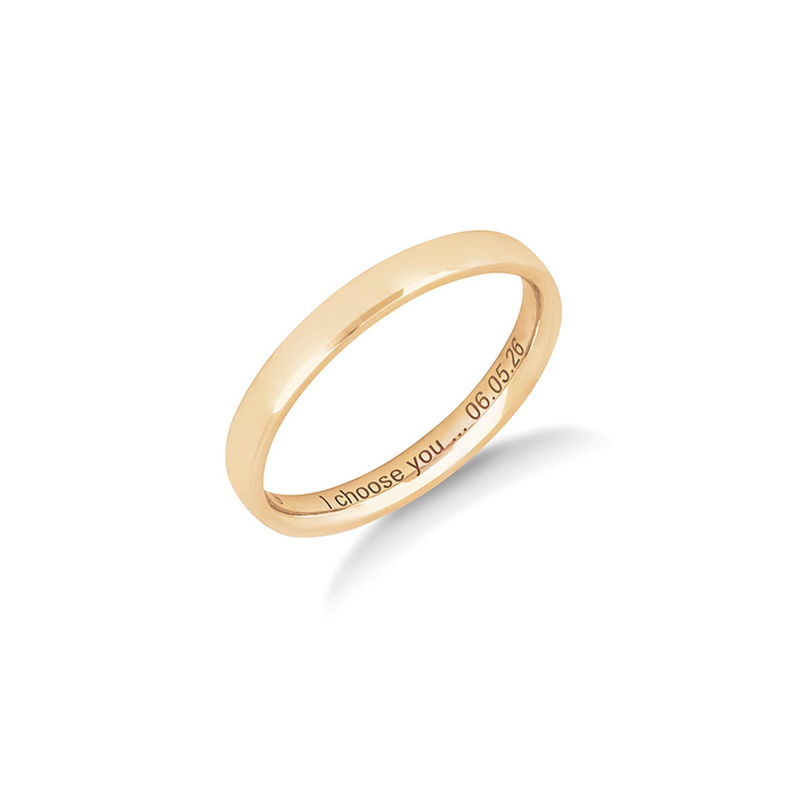 The Hand in Hand wedding ring in yellow gold, a plain polished 2.5mm women's ring