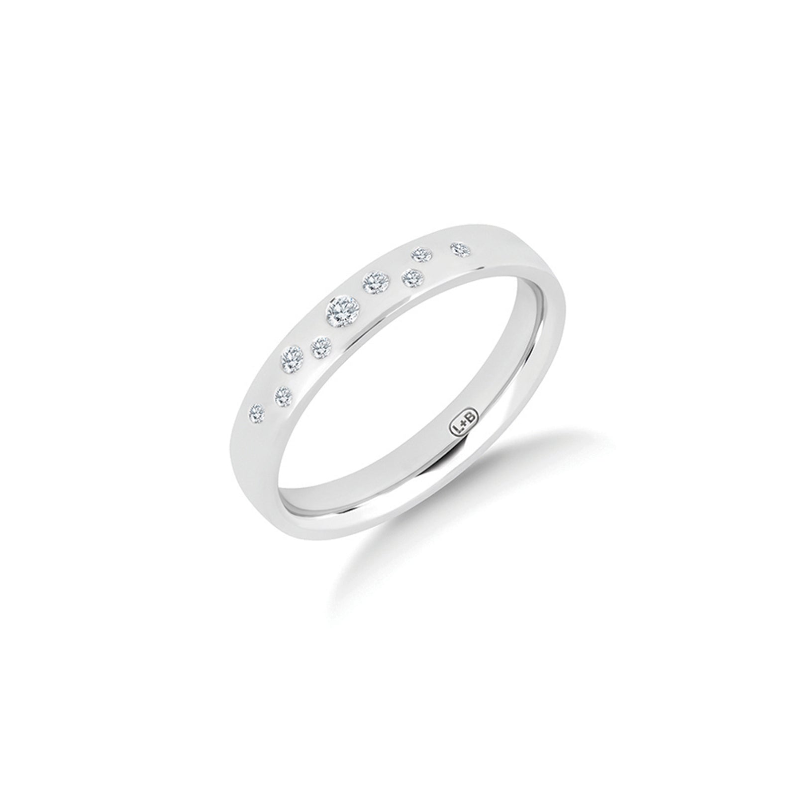 The Night Sky diamond wedding ring in platinum, nine lab-grown diamonds scattered across a 3.3mm polished ring