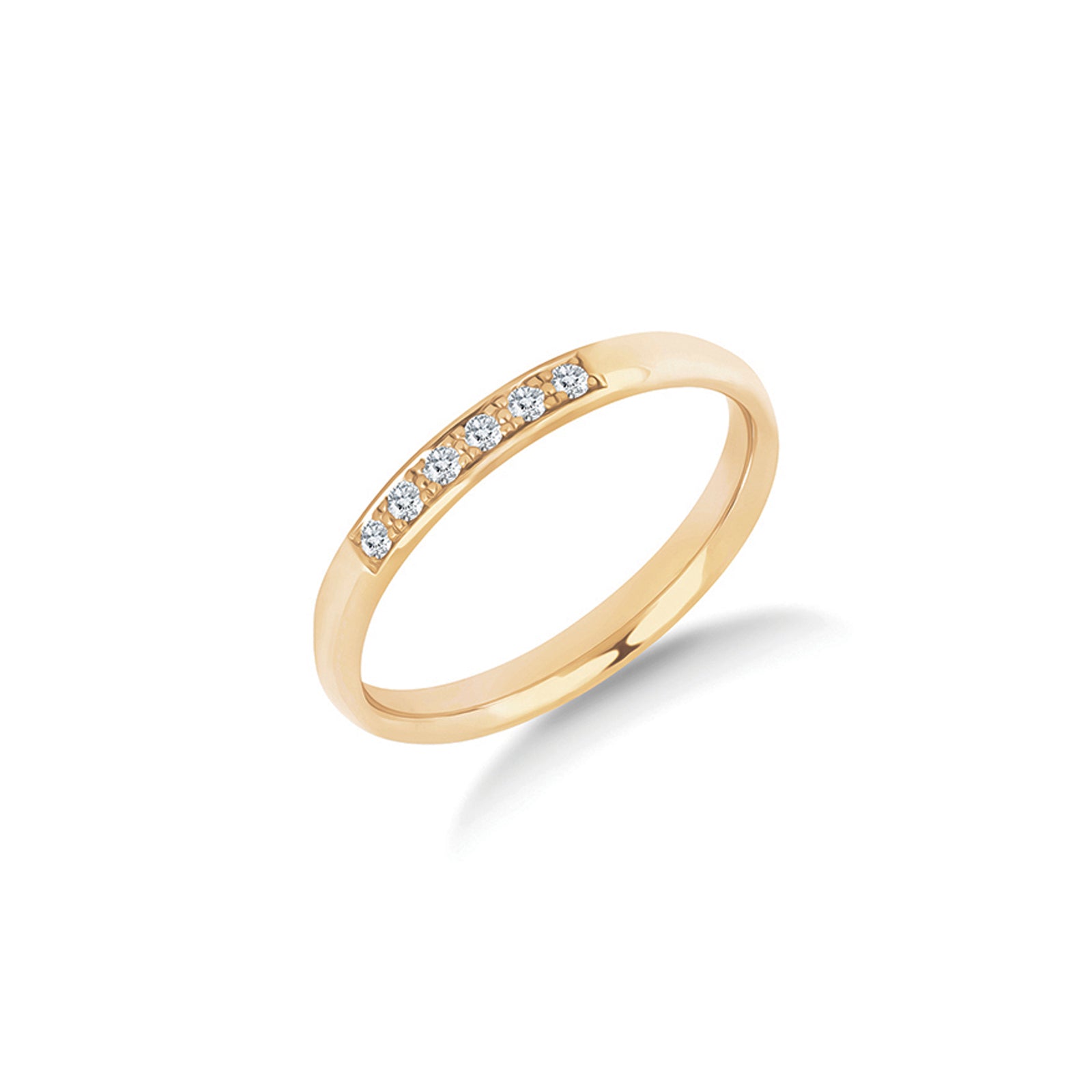 The Promise diamond wedding ring in yellow gold, six pavé set diamonds in a single row across the front of a 2.5mm ring