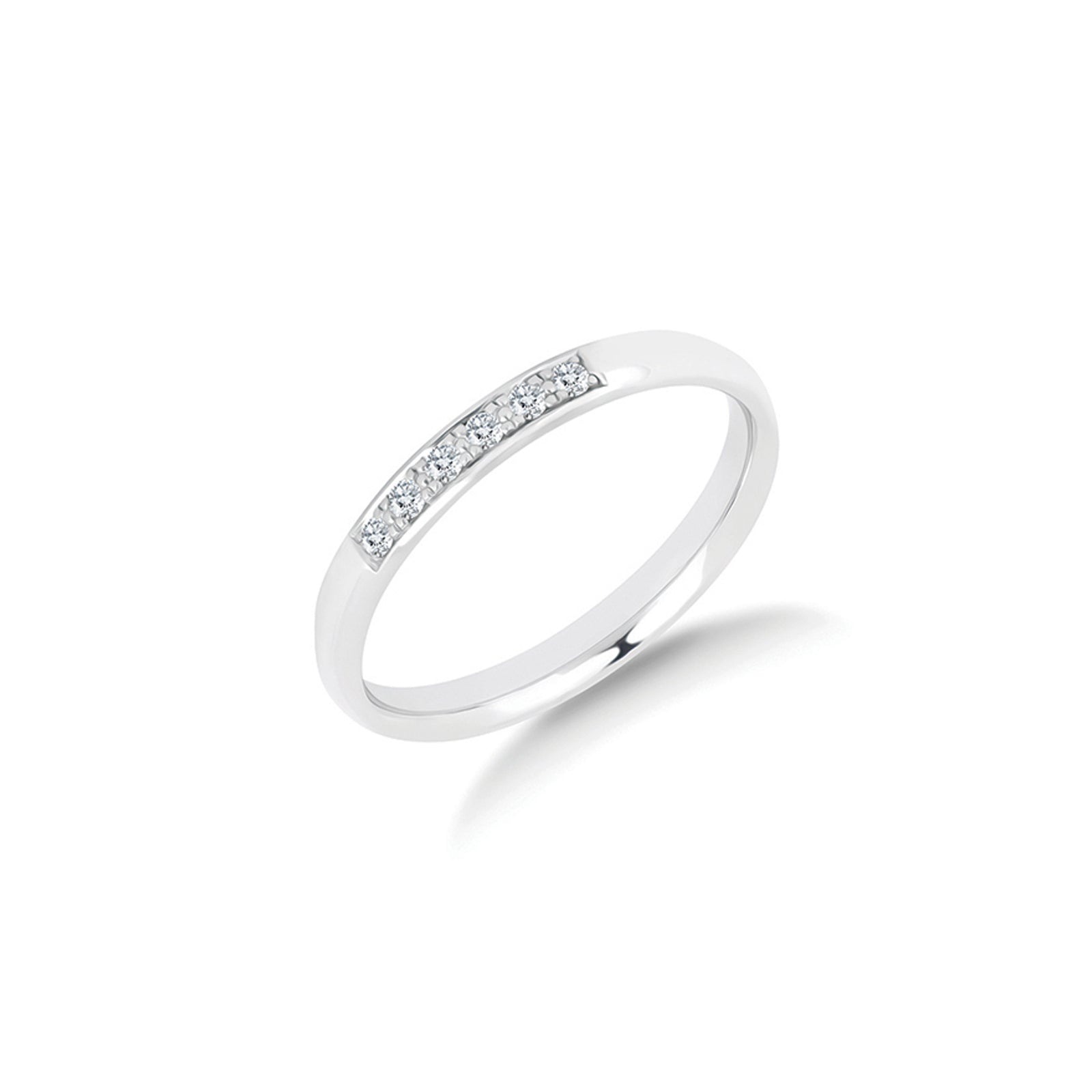 The Promise diamond wedding ring in platinum, six pavé set diamonds in a single row across the front of a 2.5mm ring