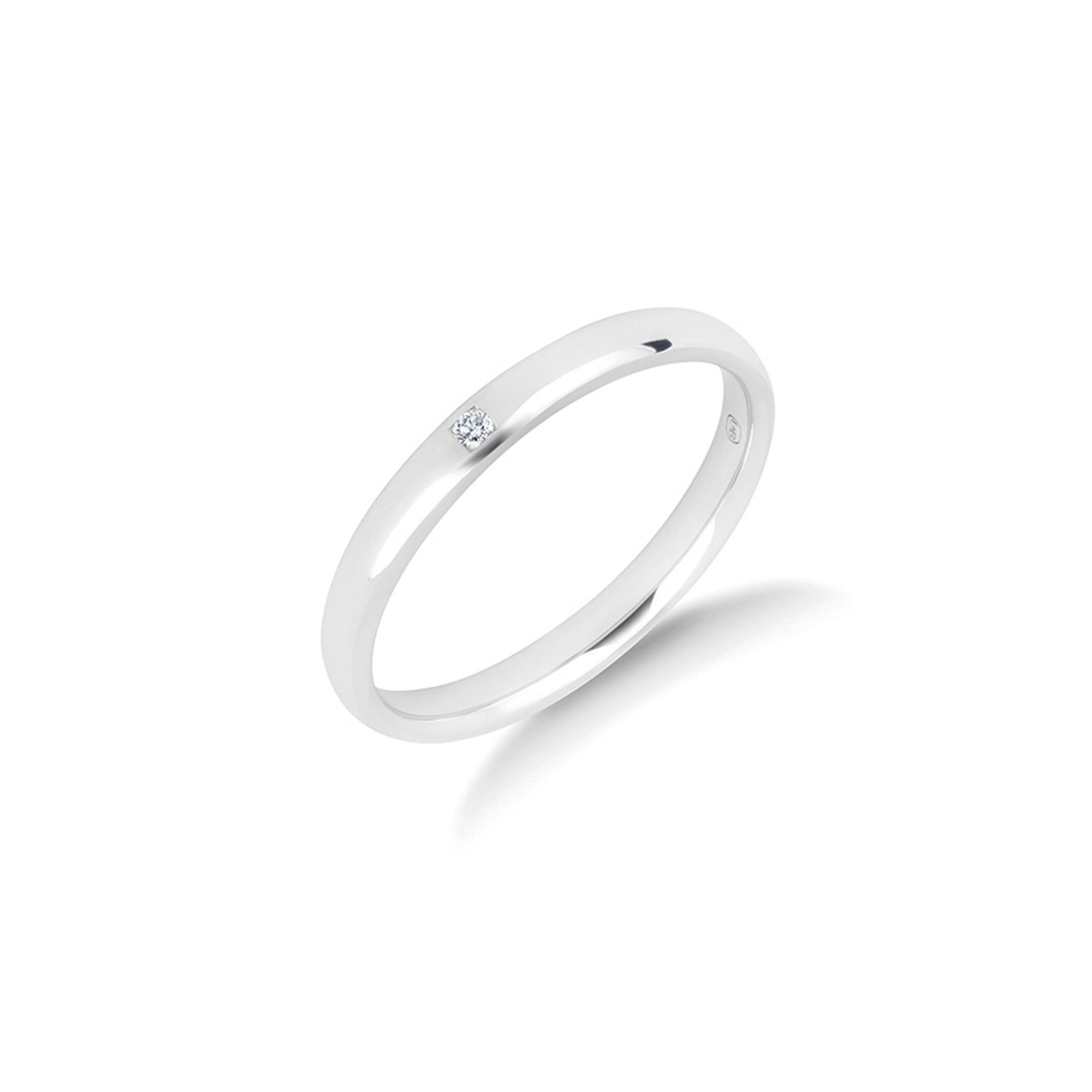 The Solas diamond wedding ring in platinum, a single channel set diamond in a slender 2.5mm polished ring
