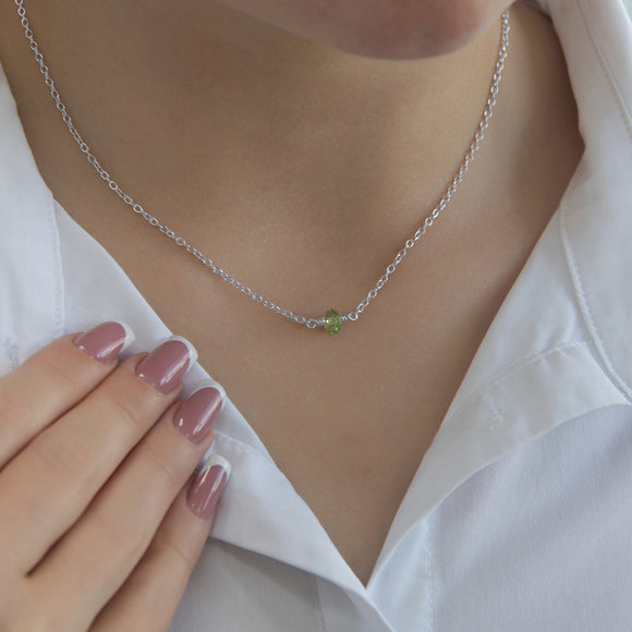 August birthstone necklace silver with peridot crystal 