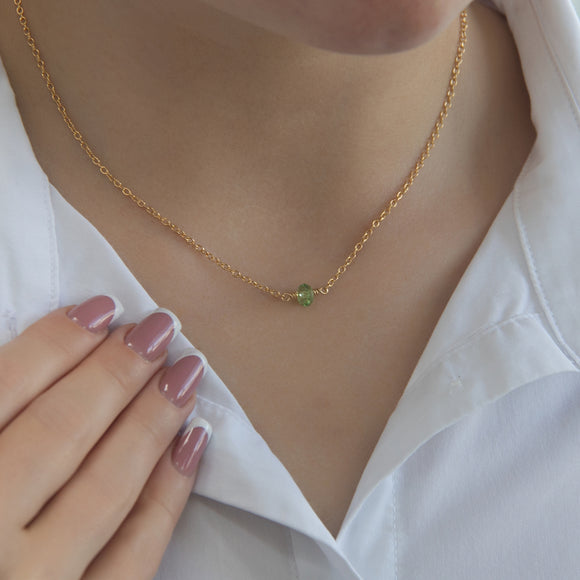 August birthstone necklace with peridot crystal in gold filled 