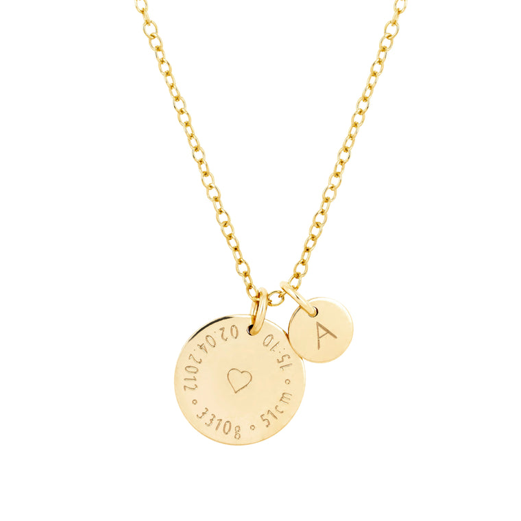 Birthcoin personalised baby birth details necklace engraved with date, weight, height and time – meaningful gift for new mom