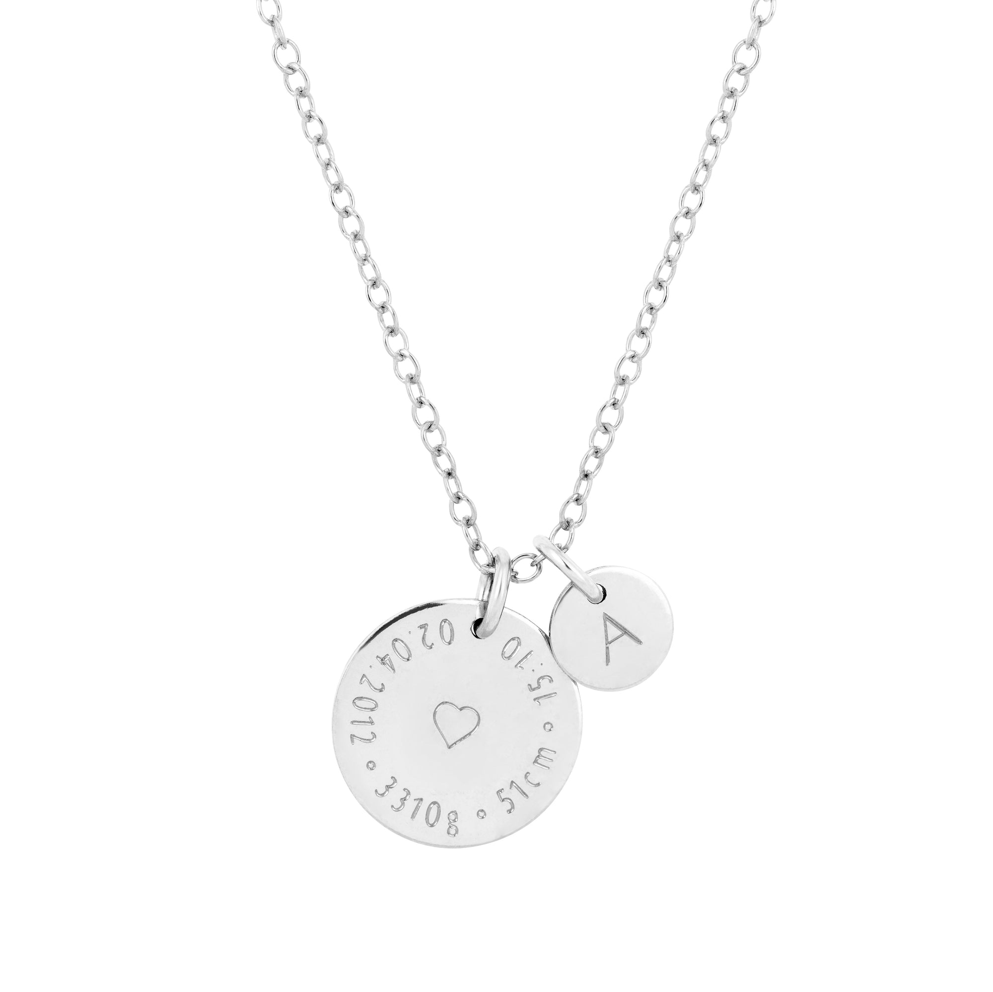 Sterling silver Birthcoin personalised baby birth details necklace engraved with date, time, weight and length – meaningful new mom gift.