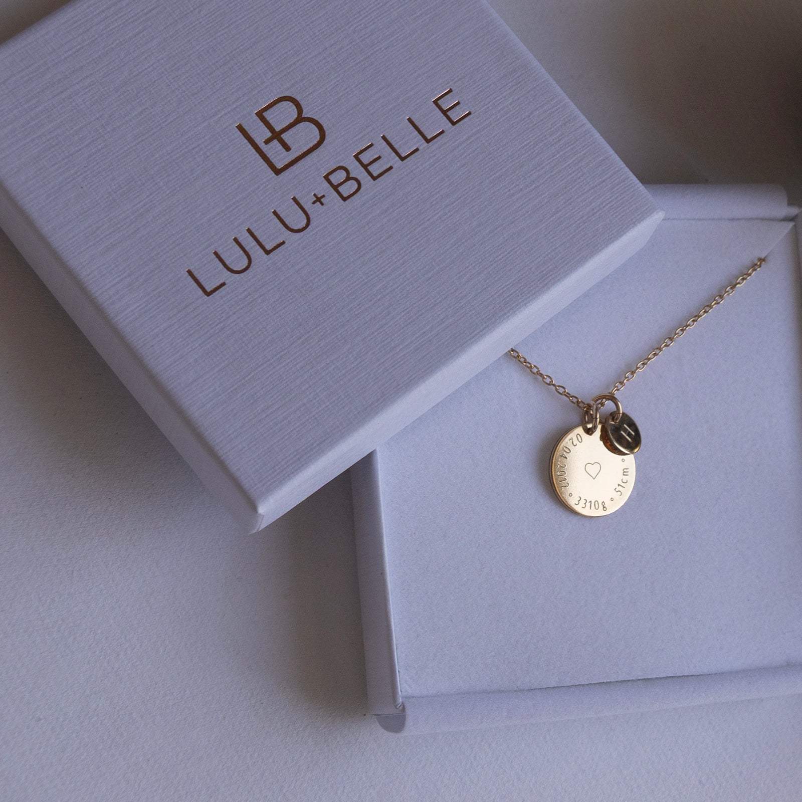 Birthcoin personalised birth necklace packaged as a thoughtful push present – engraved new baby keepsake and gift for new mum.