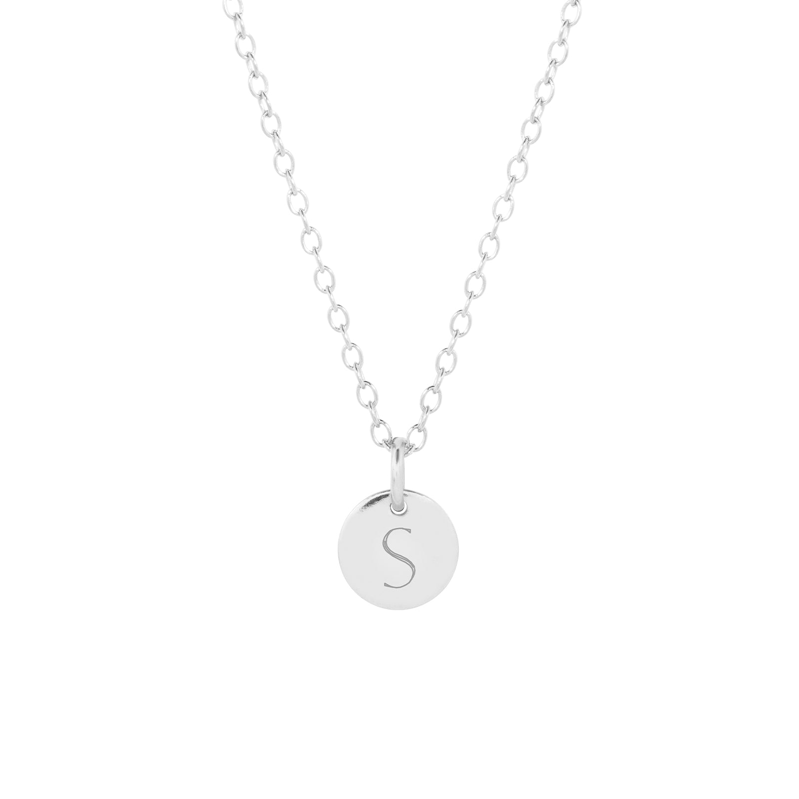 dainty engraved sterling silver initial necklace with a single disc product shot