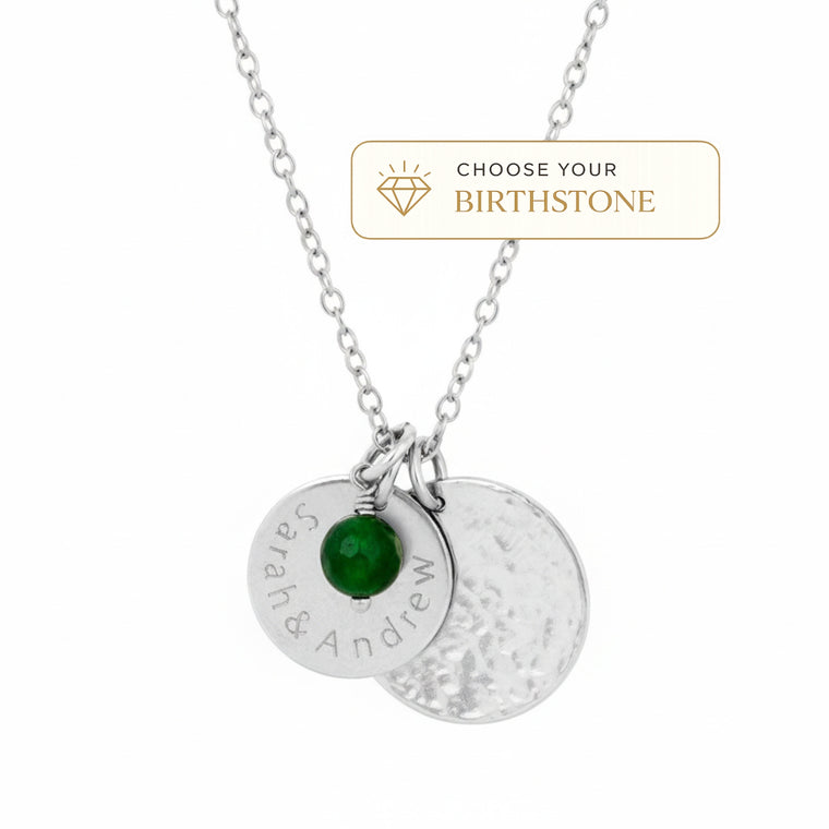 double disc and birthstone necklace silver product shot 