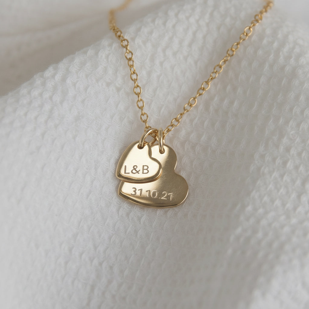engraved gold double heart necklace with initial gold