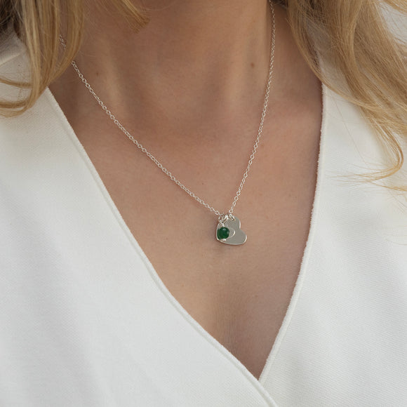 silver double heart necklace with initial and birthstone
