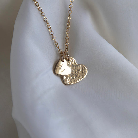 gold double heart necklace with initial 