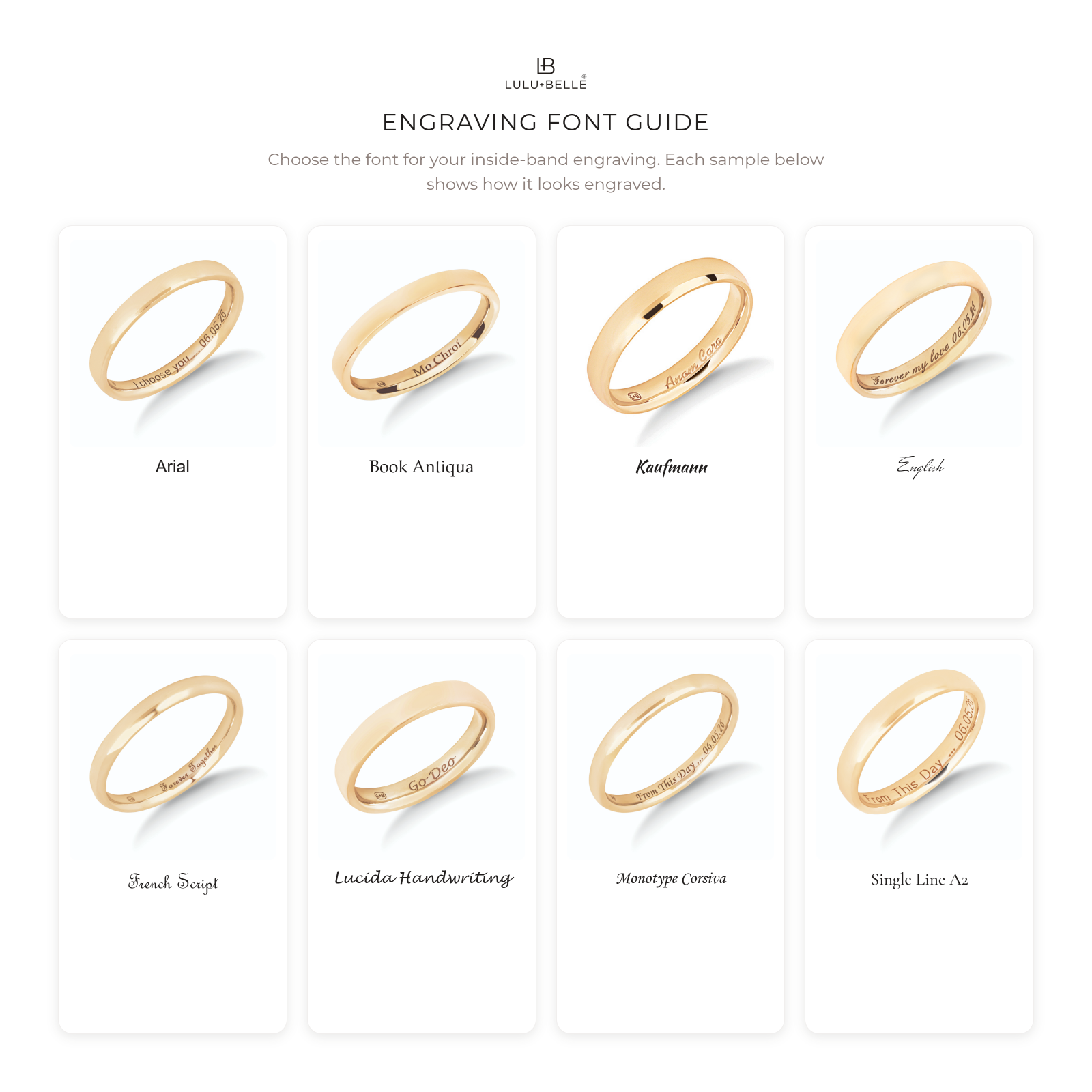 Lulu + Belle engraving font guide showing the eight inside-band engraving styles available: Arial, Book Antiqua, Kaufmann, English, French Script, Lucida Handwriting, Monotype Corsiva and Single Line A2