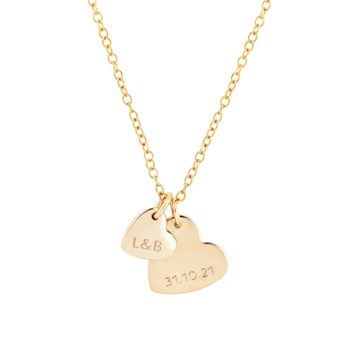 gold double heart necklace with initial and date 
