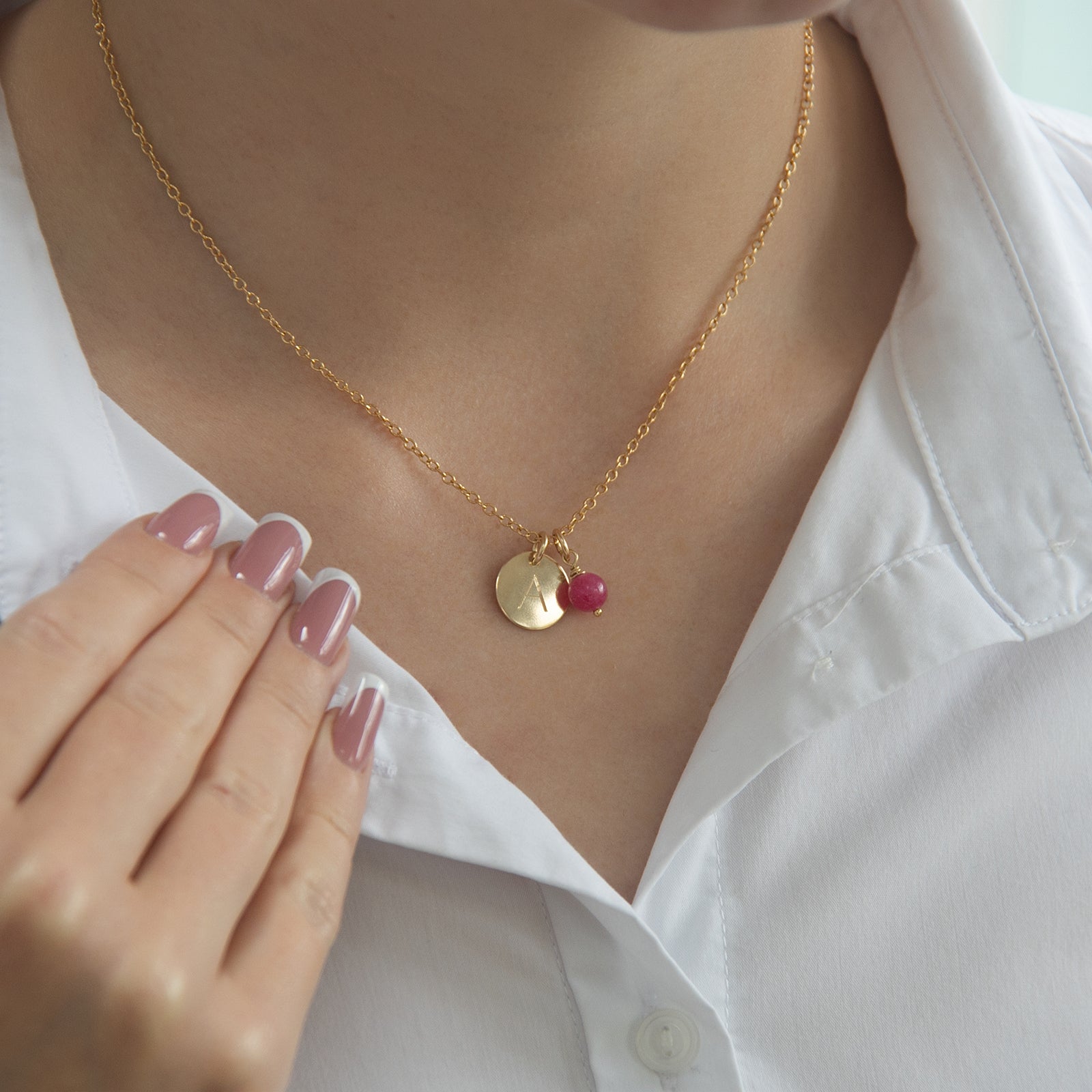 gold initial necklace and birthstone with tourmaline