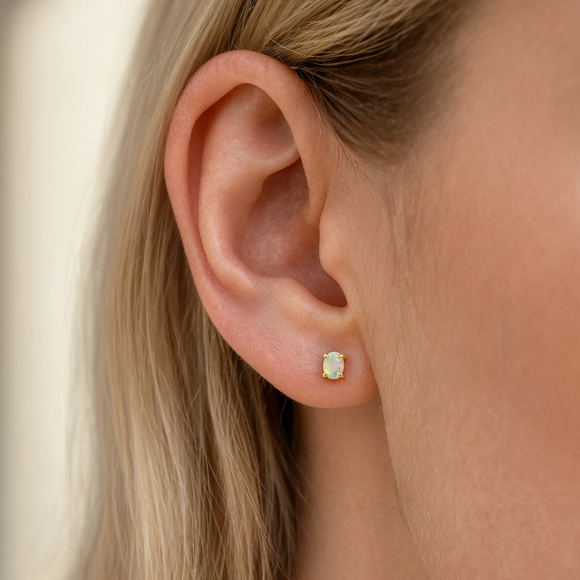 Gold Opal stud earrings, October birthstone jewellery by Lulu + Belle