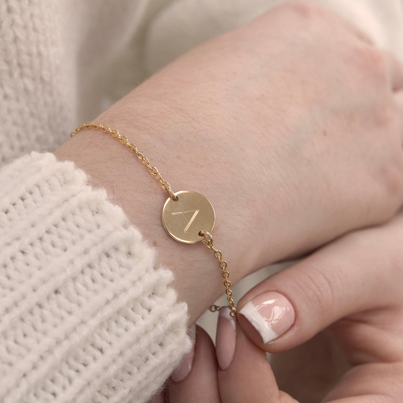 Irish handmade gold filled bracelet with engraved initial disc – perfect personalised gift for her