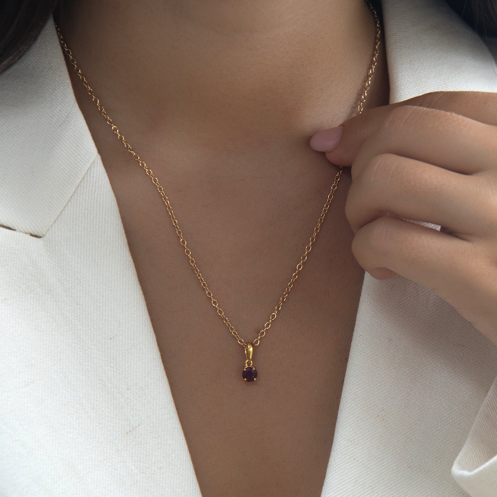 July Birthstone Pendant Necklace – Ruby, Gold on a model 